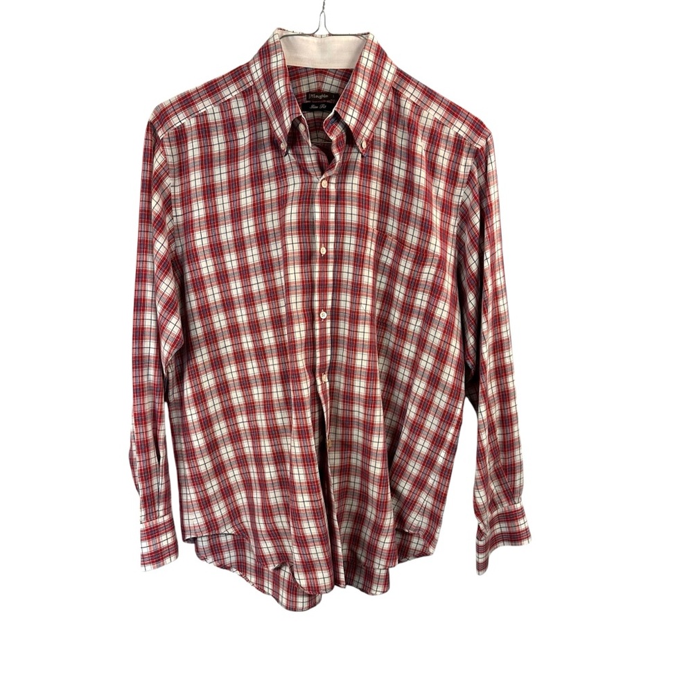 MENS J. McLaughlin Red White Blue Plaid Shirt Slim Fit Linen Button Down Summer